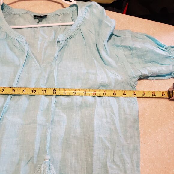 Talbots Blue Tassel Tie Neck Short Sleeve Linen Blouse Large - Picture 8 of 9